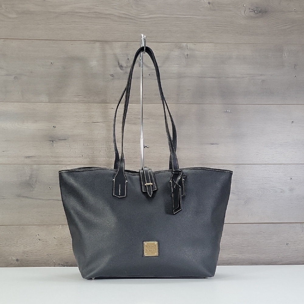 Large Dooney & Bourke Black Leather Tote Bag with Gold Accent